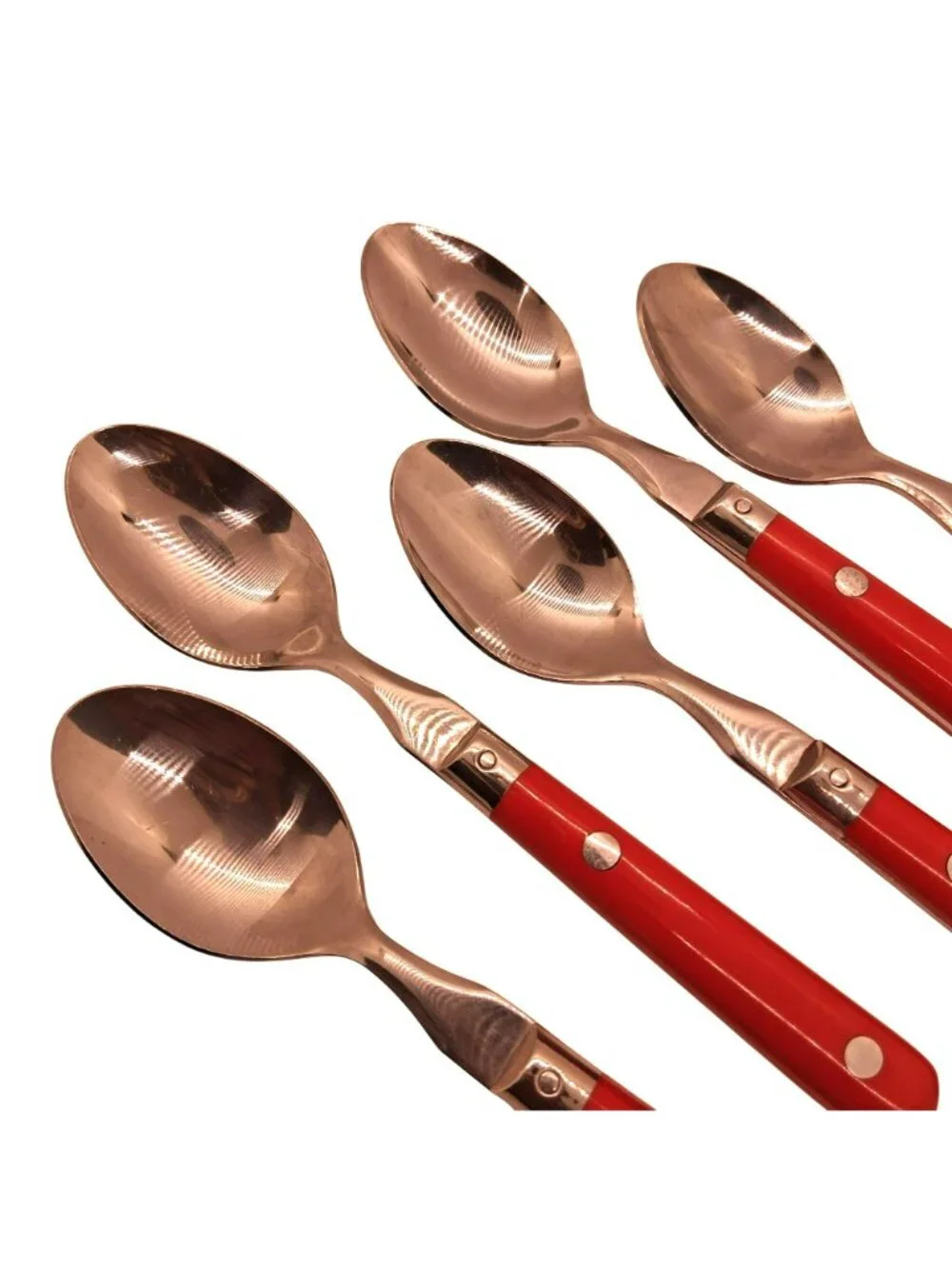 Set Of 5 Vintage Tea Spoons Red Handled Stainless Steel Made In Korea